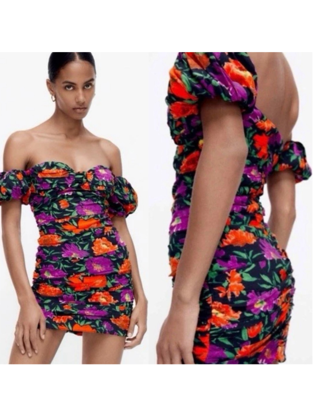 ZARA Blogger Floral Puff Sleeve Off The Shoulder Mini Dress M